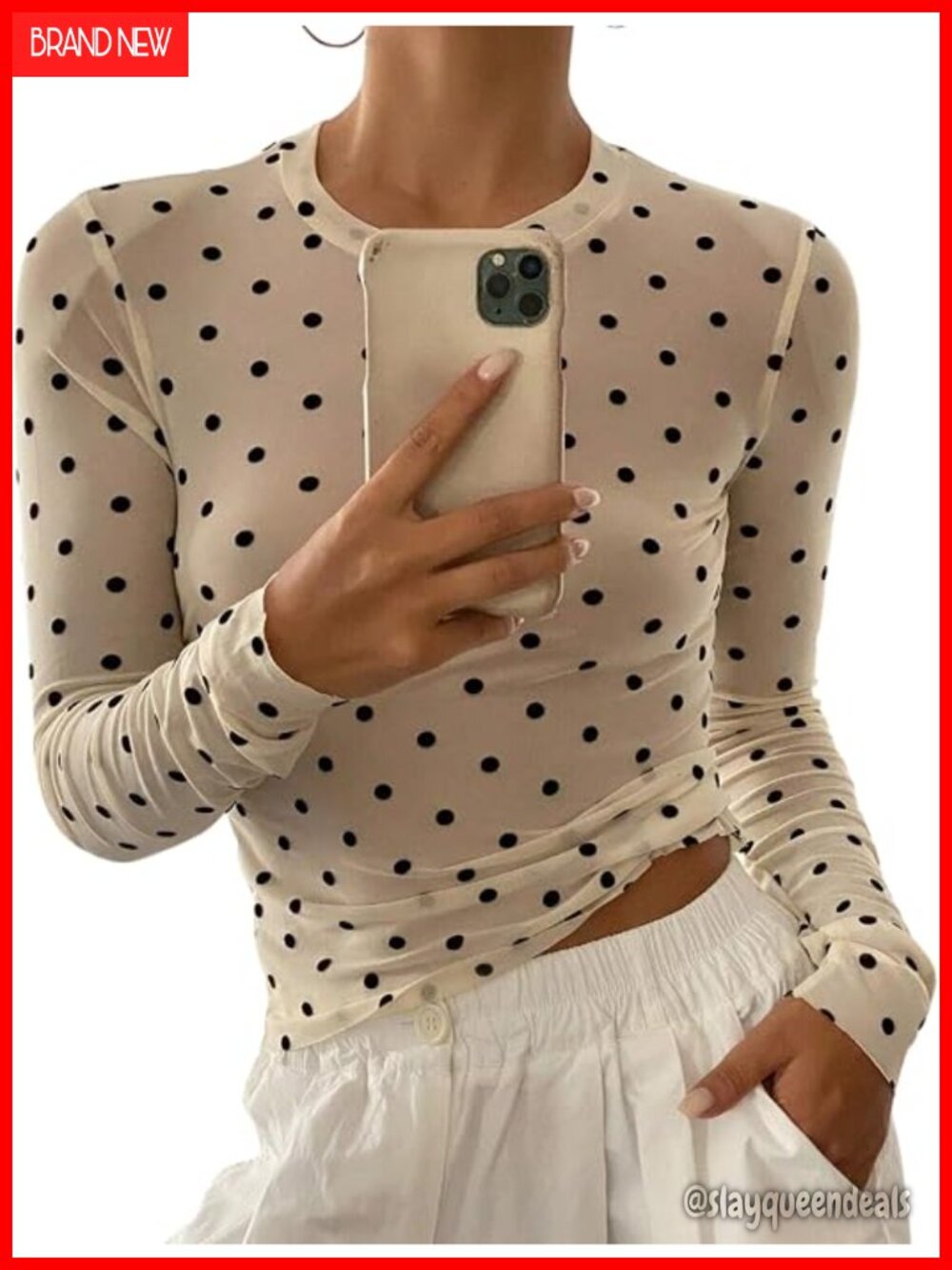 Polka Dot Sheer Mesh Long Sleeve Crew Neck Slim Fit Layering T-Shirt